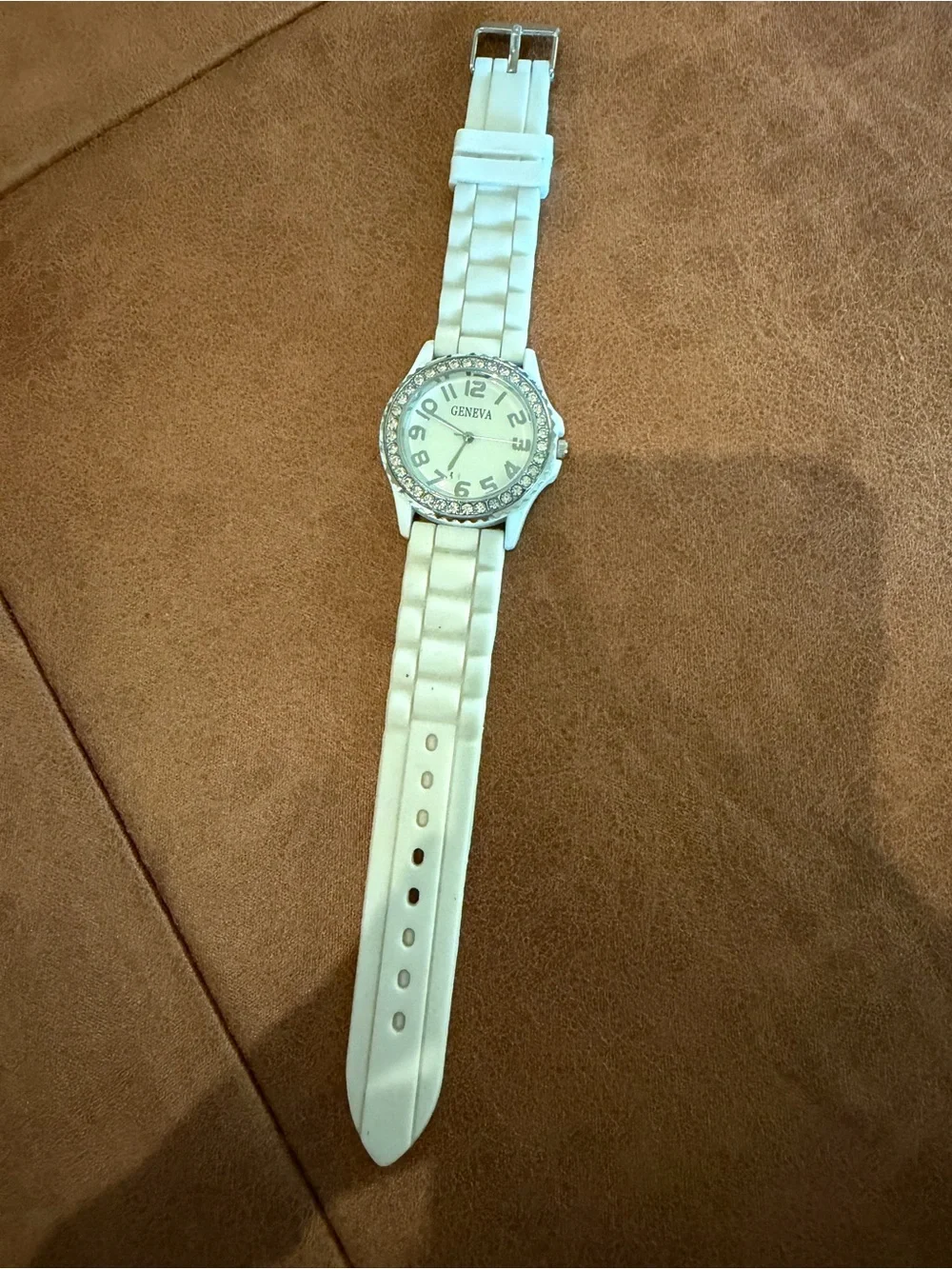 Geneva Platinum Women's Watch - All White Silicone Band & Dial, Rhinestone Bezel